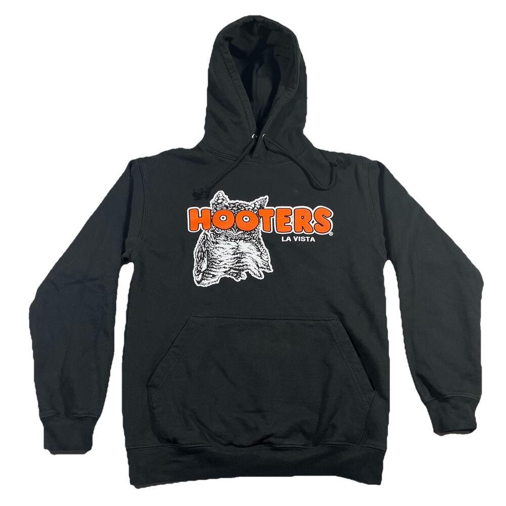 Hooters La Vista Hoodie Womens Small Black Pullover Sweatshirt Owl Logo